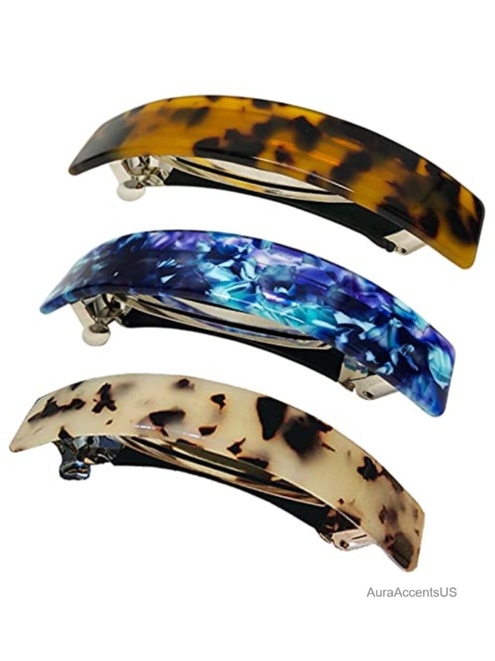 Large French Barrettes for Thick Hair Tortoise Shell Celluloid Clips Set of 3